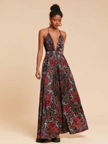 Travachic 深V領露背交叉佩斯利印花拖地吊帶洋裝 - 彩色 - 查看 5