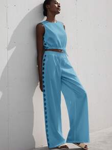 Aveloria Modichic 新款时尚法式优雅简约女装纯色精准格子刺绣镂空圆领无袖抽绳短款上衣搭配阔腿裤套装，休闲 - 藍色 - 查看 6