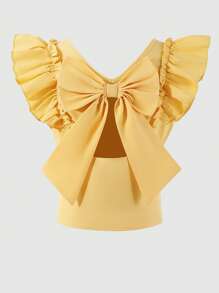 Older Girls' Summer Solid Color Casual V-Neck Ruffle Sleeve Back Hollow Design Detachable Bow Decor Blouse, Suitable For Daily Outings - Yellow - View 2
