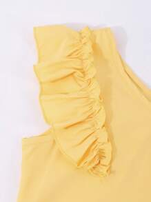 Older Girls' Summer Solid Color Casual V-Neck Ruffle Sleeve Back Hollow Design Detachable Bow Decor Blouse, Suitable For Daily Outings - Yellow - View 6