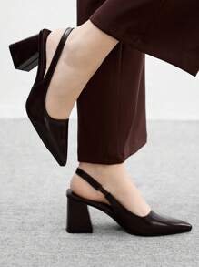 CUCCOO BIZCHIC Women's Fashion Coffee Brown Open Back Thick Heel Pointed Toe PU Leather Casual Slip-On Pumps, Suitable For Commute, Dating, Party, Vacation For Christmas - Coffee Brown - View 3