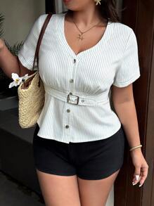 Sunnyshic 条纹束腰休闲舒适衬衫 - 白色 - 查看 1