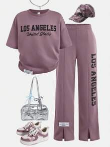 SHEIN 青少年女孩两件套：宽松字母印花装饰阔腿裤和上衣 - 淺灰紫 - 查看 1