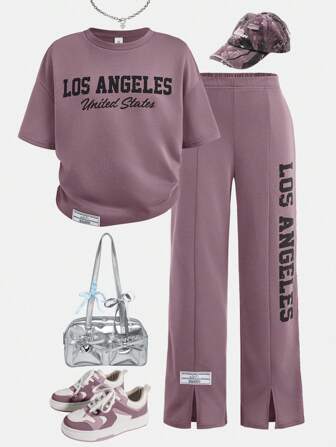 SHEIN Tween Girl 2-delat set: Lösa byxor med bokstavstryck och vida ben och topp