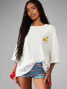 MISSGUIDED Oversized Summer Lemon Print T-Shirt Zesty Citrus Graphic Cotton Blend Casual Loungewear Statement Top Beach Vacation Resort Wear - White - View 2