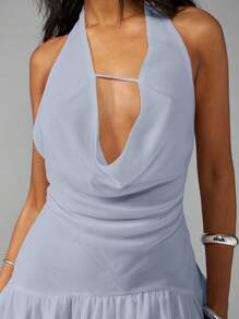 MISSGUIDED Mini Dress With High Low Ruffle Hem Halter Neck Deep V Cut Backless Party Evening Dance Club Ball - Baby Blue - View 6