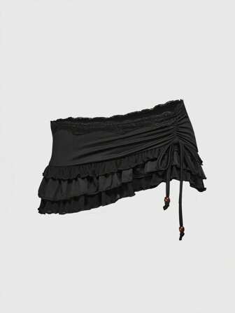Grunge Punk Falda acampanada con volantes, lazada y fruncidos, con estampado de leopardo, detalles de encaje y cintura baja, para conciertos, festivales y raves de primavera