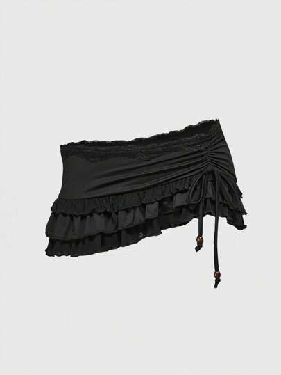 Grunge Punk Spring Break Concert Festival Rave Vintage Sexy Low-Waist Leopard Print Lace Trim Tiered Ruffle Tie-Up Bowknot Ruched Skirt