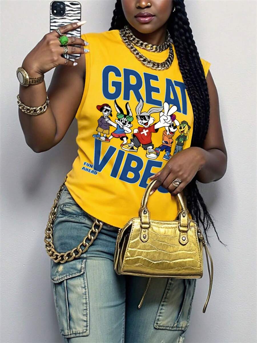 Maweii Große Größen Sommer Lässig Cartoon Buchstaben Muster Top