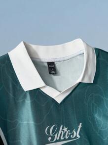ROMWE MEN Prep 男式撞色领短袖字母数字图案休闲 Polo 衫，夏季 - 綠色 - 查看 4