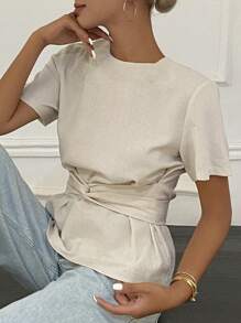 Livesso 女式夏季圆领抽绳短袖上衣 - 杏色 - 查看 6