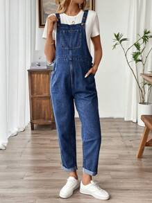 SHEIN Maternity Blue Simple Everyday Denim Cuff Overalls - Dark Wash - View 6