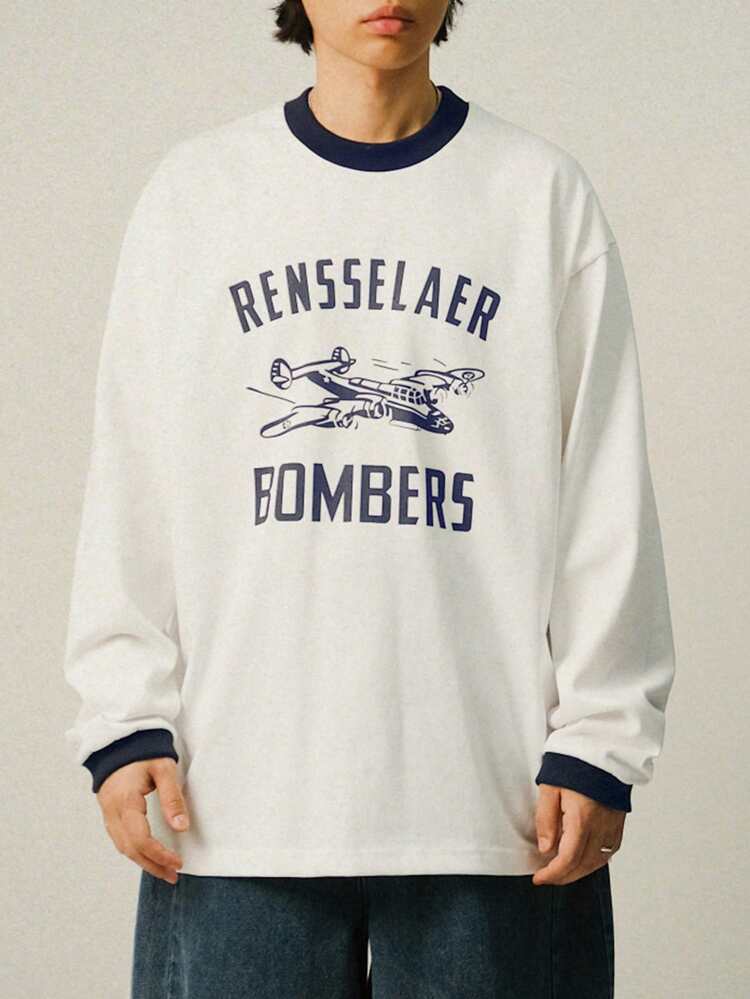 Spring Men's White T-Shirt With Airplane Pattern, Letter Print And Contrast Collar & Cuff