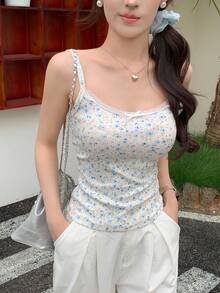 DAZY 女款碎花蕾絲網紗吊帶上衣 度假穿搭 夏季日常 白色與藍色碎花可愛圖案T恤 - 藍色 - 查看 6
