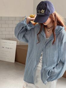 Dazy Kids 少女休闲宽松格子前扣连帽夹克