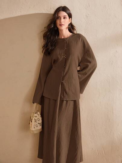 Graceveil Women's Elegant Solid Color Shirt And Skirt 2-Piece Set