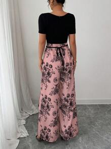 INAWLY Summer Vacation Elegant Square Neck Short Sleeve Crop Top With Splicing Contrasting Floral Wide Leg Pants, Criss-Cross Tie Up Romper For Women