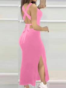INAWLY Bodycon Sexy V-Neck Backless Criss-Cross Strap Slit Dress