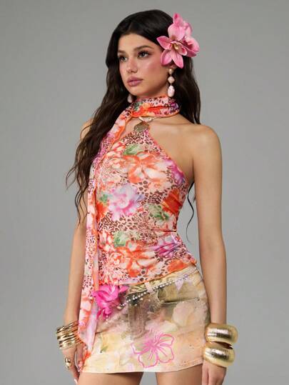 J-Fashion Canotta da donna in stile spiaggia vintage Y2K decorata con stampa floreale e conchiglie, stile sirena