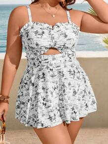 Swim Lushoire 加大码女式两件套碎花荷叶边镂空分体泳衣套装，修身休闲，适合度假和日常穿着