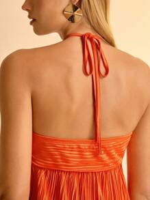 CAJUNI 女式夏季波西米亚风橙色褶皱面料休闲度假沙滩抹胸短款上衣 - 橘色 - 查看 4