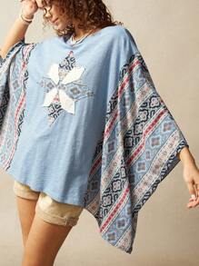 Bohemela 大码女式花卉图案圆领蝙蝠袖宽松休闲T恤 - 藍色 - 查看 2