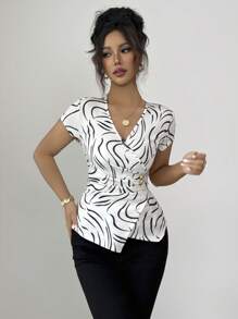 Elenzga 女士优雅盖袖金属装饰褶皱衬衫，适合日常通勤、郊游、约会、万圣节运动衫、返校、感恩节 - 彩色 - 查看 3