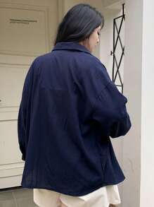 Dazy Plus Plus Size Plain Color Lapel Collar Pocket Loose Long Sleeve Dark Shirt Fall - Navy Blue - View 2