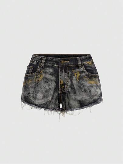 Vintage Style Distressed Silver Glitter Drawstring Waist Mini Shorts