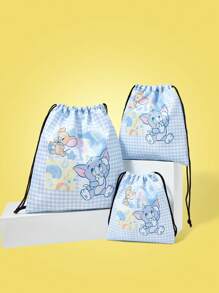 TOM & JERRY X SHEIN Plaid & Cartoon Pattern Travel Pouches, Multi-Size Zipped Pockets - Multicolor - View 1