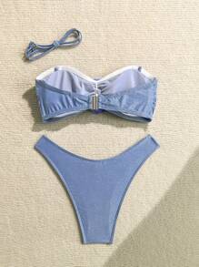 Soleia Conjunto de bikini de dos piezas con Top bandeau decorada con flores 3D y sexy para mujer, ideal para playa de verano - Azul - Ver 2