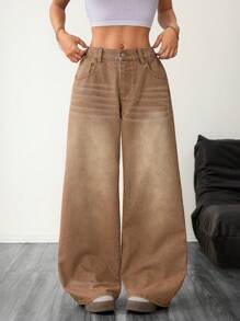 SHEIN PETITE 西式风格卡其牛仔裤低腰直筒裤 Y2K 街头风格棕色裤子女士牛仔裤