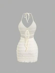 Sweetra Vestido mini informal con textura de punto, volantes, espalda descubierta y nudos, ligero para mujer, ideal para primavera/verano