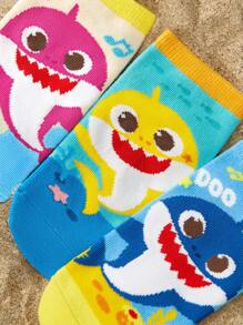 BABY SHARK X SHEIN 3双儿童纯棉可爱卡通海洋图案袜子，加固脚趾和脚跟，耐磨，适合男孩和女孩，适合上学和日常穿着，所有季节 - 彩色 - 查看 4