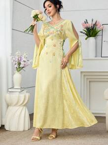 Yasmyna Vestido fluido de manga abullonada con escote en V, aplicaciones florales 3D y volante, color amarillo, para primavera/verano