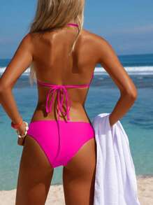 Swim Mod 3 件套女士泳衣套装，含闪亮渐变色上衣、加垫文胸、彩色图案比基尼泳裤和配套沙滩裙，性感比基尼套装 - 粉色 - 查看 3