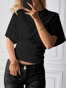 Rina Fox Damen Sommer einfarbiges T-Shirt mit rundem Ausschnitt, Fledermausärmeln und locker taillierter Form