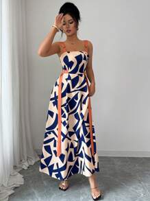 Selianne 女式夏季新款休闲细肩带收腰宽下摆几何印花连衣裙