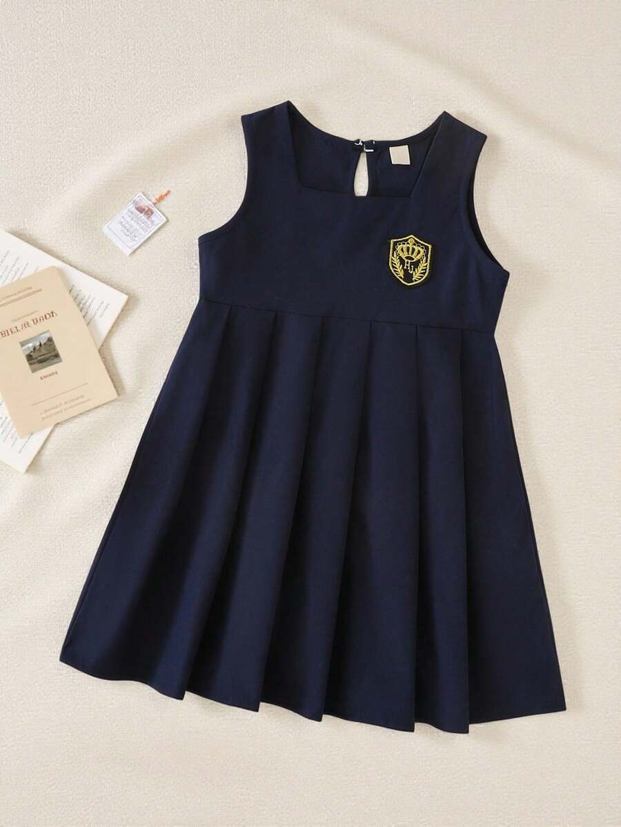 SHEIN Explorewe 女童简约百褶背带裙，可爱学院风，百搭夏季，2025年返校季年轻女孩校服和运动装 - 藍色 - 查看 1