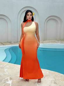 Flirla Robe longue asymétrique à col ombrée pour femmes grande taille - Orange - Voir 5