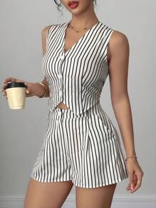 Selianne 女士夏季条纹新款休闲背心和短裤两件套 - 黑與白 - 查看 3