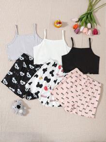 3 件套女孩休闲卡通动物印花奶牛和考拉吊带上衣搭配短裤，家居服 - 彩色 - 查看 2