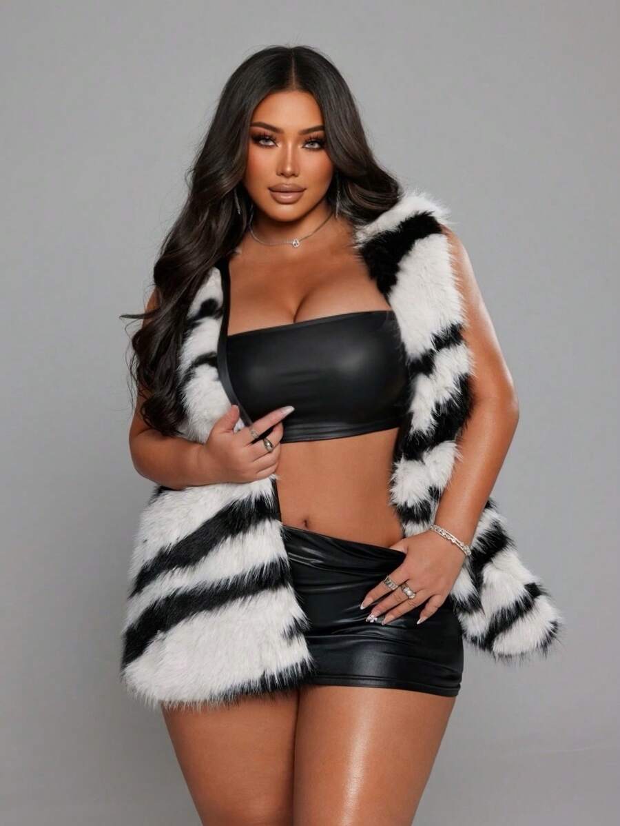 SHEIN LUNE Chaleco con estampado de cebra esponjoso para mujer de talla grande, para el invierno - Blanco - Ver 1