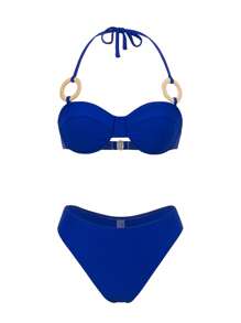 Swim Oasis 女款3件組藍色比基尼泳衣，編織環飾設計，性感海灘穿搭，適合夏季海邊度假 - 藍色 - 查看 3