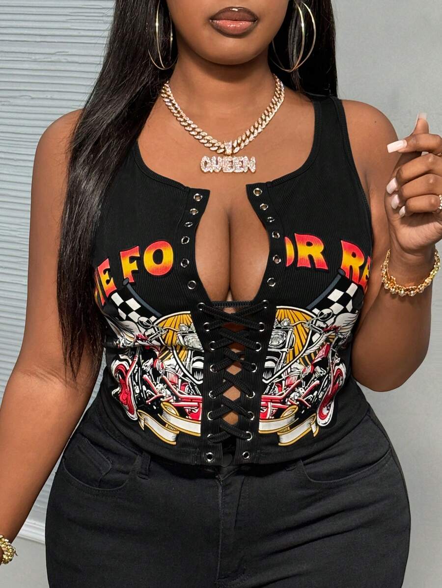 Slaydiva 加大码性感街头风格无袖短款上衣，正面系带，修身印花灰色夏季背心