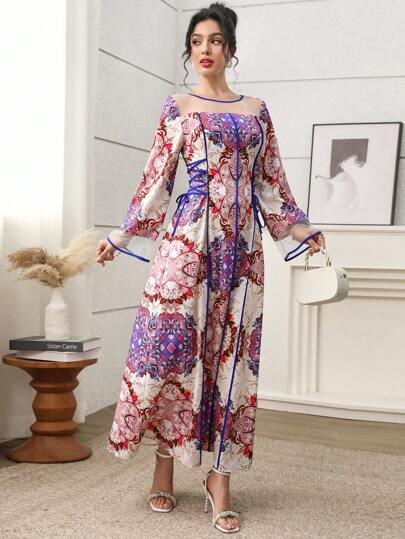 Al Najma 女式复古印花网眼拼布交叉带长袍连衣裙