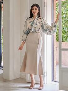 DAZY 女士优雅花卉泡泡袖灯笼袖领结衬衫，春季、秋季女装长袖上衣