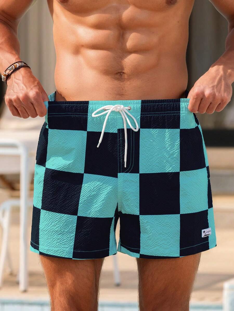 Manfinity Men's Print Drawstring Casual Beach Shorts Men's Matching Swim Trunks Men Beachwear - Mint Blue - View 1