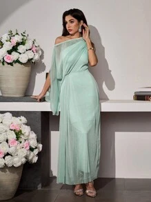 Modelyn Vestido elegante de mujer con unicolor, cuello asimétrico, manga con abertura y drapeado - verde menta - Ver 3