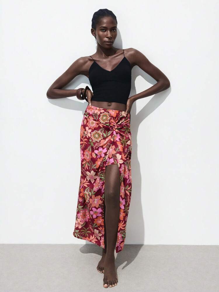 SHEIN Maija Women's Floral Print Twist Front Slit Hem Skirt, Vacation Wear Long Floral Skirt Wrap Around Skirt Maxi Skirt With Slit Resort Wear 2025 Sarong Skirt